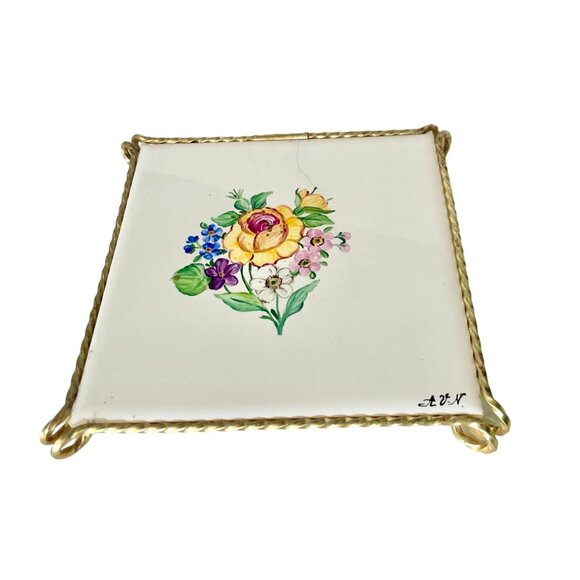 Vintage Tile Pot Holder Trivet with Metal Stand made Czchoslovakia hand painted. - Picture 3 of 9